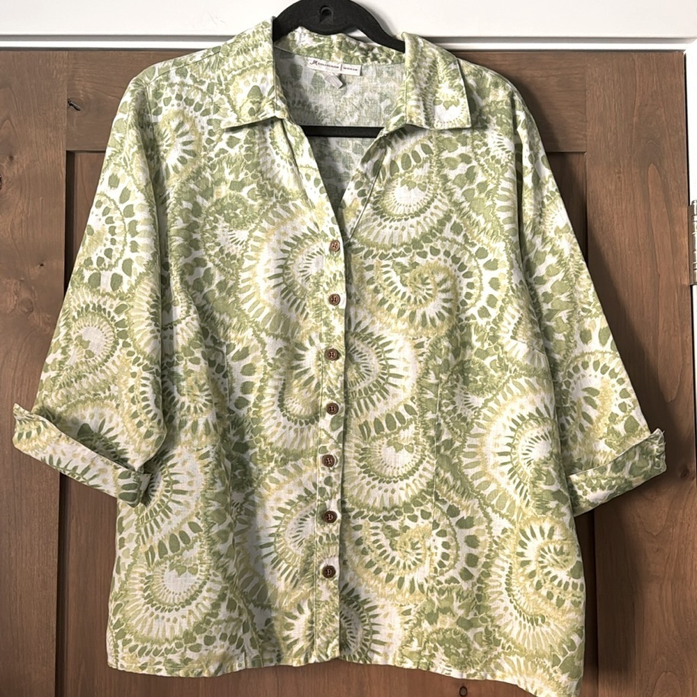 JM Collection Womens 16W Linen Button Up blouse Top Lagenlook coastal grandma